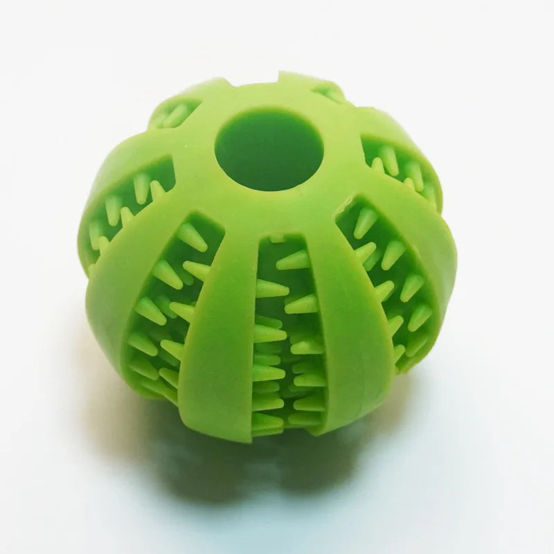 Interactive food leaking ball toy for dog that slowly dispenses treats during playtime to stimulate curiosity and reward play.