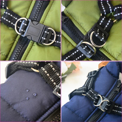 Shop a waterproof dog jacket with harness that helps shield dogs from cold weather while providing a secure leash attachment.