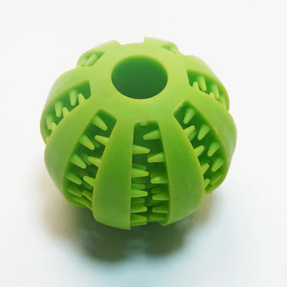 Interactive food leaking ball toy for dog that slowly dispenses treats during playtime to stimulate curiosity and reward play.