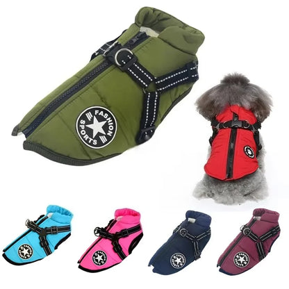 Shop a waterproof dog jacket with harness that helps shield dogs from cold weather while providing a secure leash attachment.