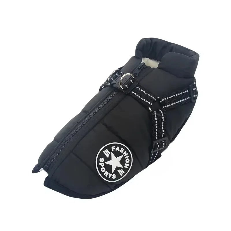 Shop a waterproof dog jacket with harness that helps shield dogs from cold weather while providing a secure leash attachment.