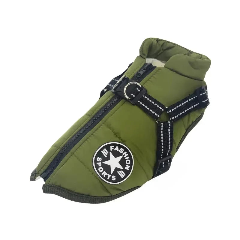 Shop a waterproof dog jacket with harness that helps shield dogs from cold weather while providing a secure leash attachment.